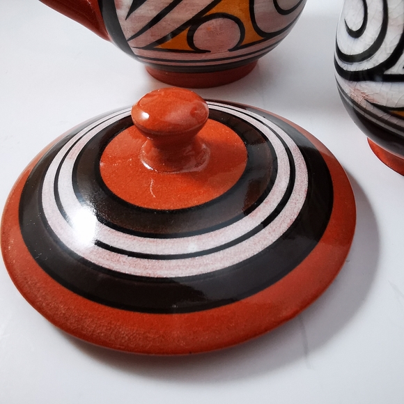 Vintage Red Clay Pottery Cream and Sugar Abstract Brown White Mustard Colour - Picture 11 of 16